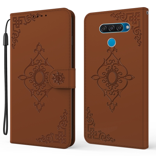 

For LG K50 / Q60 Embossed Fortune Flower Pattern Horizontal Flip Leather Case with Holder & Card Slot & Wallet & Lanyard(Brown)