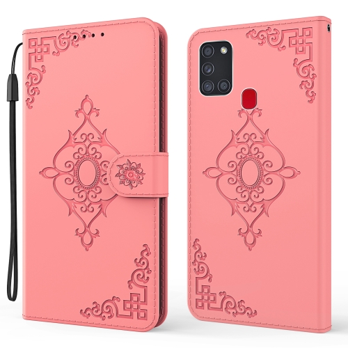 

For Samsung Galaxy A21s Embossed Fortune Flower Pattern Horizontal Flip Leather Case with Holder & Card Slot & Wallet & Lanyard(Pink)