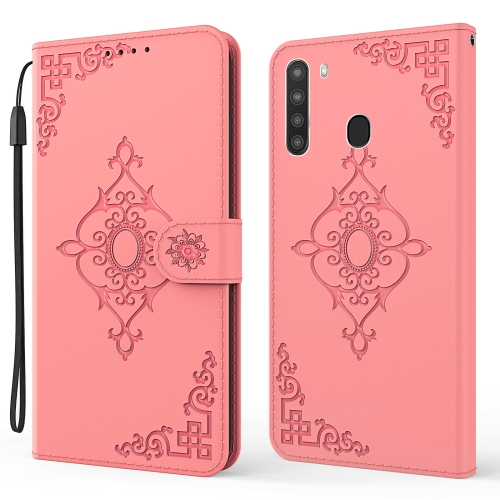 

For Samsung Galaxy A21 US Version Embossed Fortune Flower Pattern Horizontal Flip Leather Case with Holder & Card Slot & Wallet & Lanyard(Pink)