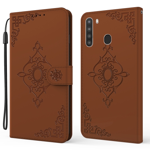 

For Samsung Galaxy A21 US Version Embossed Fortune Flower Pattern Horizontal Flip Leather Case with Holder & Card Slot & Wallet & Lanyard(Brown)
