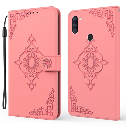 

For Samsung Galaxy A11 Embossed Fortune Flower Pattern Horizontal Flip Leather Case with Holder & Card Slot & Wallet & Lanyard(Pink)