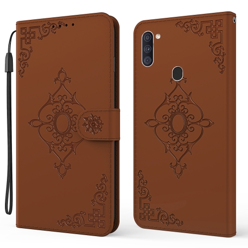 

For Samsung Galaxy A11 Embossed Fortune Flower Pattern Horizontal Flip Leather Case with Holder & Card Slot & Wallet & Lanyard(Brown)