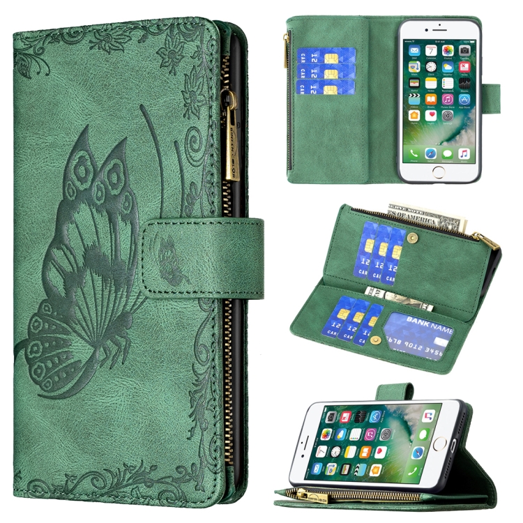 

For iPhone 8 Plus / 7 Plus Flying Butterfly Embossing Pattern Zipper Horizontal Flip Leather Case with Holder & Card Slots & Wallet(Green)