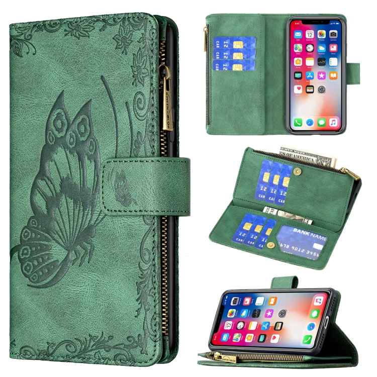 

For iPhone XS / X Flying Butterfly Embossing Pattern Zipper Horizontal Flip Leather Case with Holder & Card Slots & Wallet(Green)
