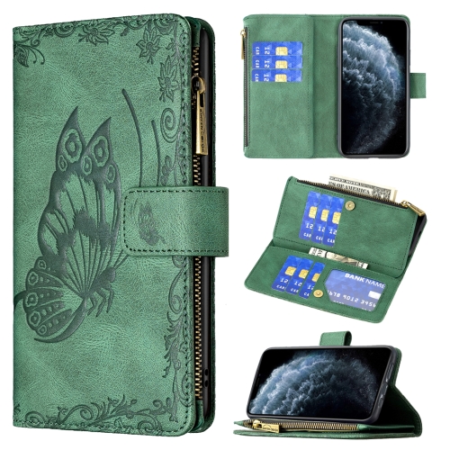 

For iPhone XR Flying Butterfly Embossing Pattern Zipper Horizontal Flip Leather Case with Holder & Card Slots & Wallet(Green)