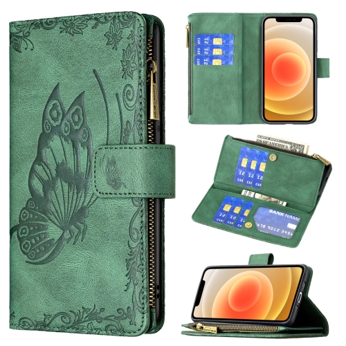 

For iPhone 12 mini Flying Butterfly Embossing Pattern Zipper Horizontal Flip Leather Case with Holder & Card Slots & Wallet(Green)