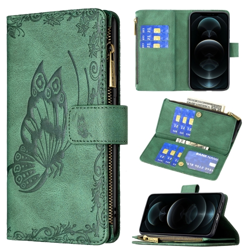 

For iPhone 12 Pro Max Flying Butterfly Embossing Pattern Zipper Horizontal Flip Leather Case with Holder & Card Slots & Wallet(Green)