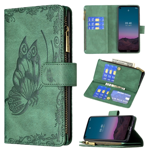 

For Nokia 5.4 Flying Butterfly Embossing Pattern Zipper Horizontal Flip Leather Case with Holder & Card Slots & Wallet(Green)