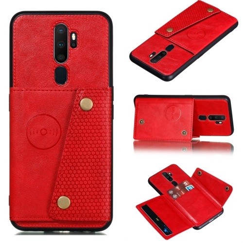 

For OPPO A9 (2020) Shockproof Magnetic PU + TPU Protective Case with Card Slots(Red)