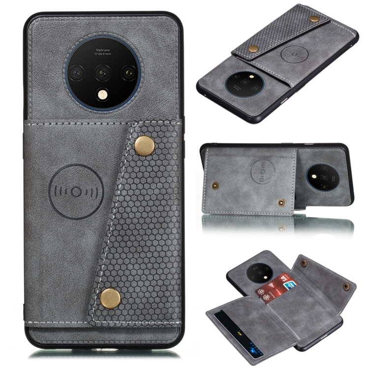 

For OnePlus 7T Shockproof Magnetic PU + TPU Protective Case with Card Slots(Grey)