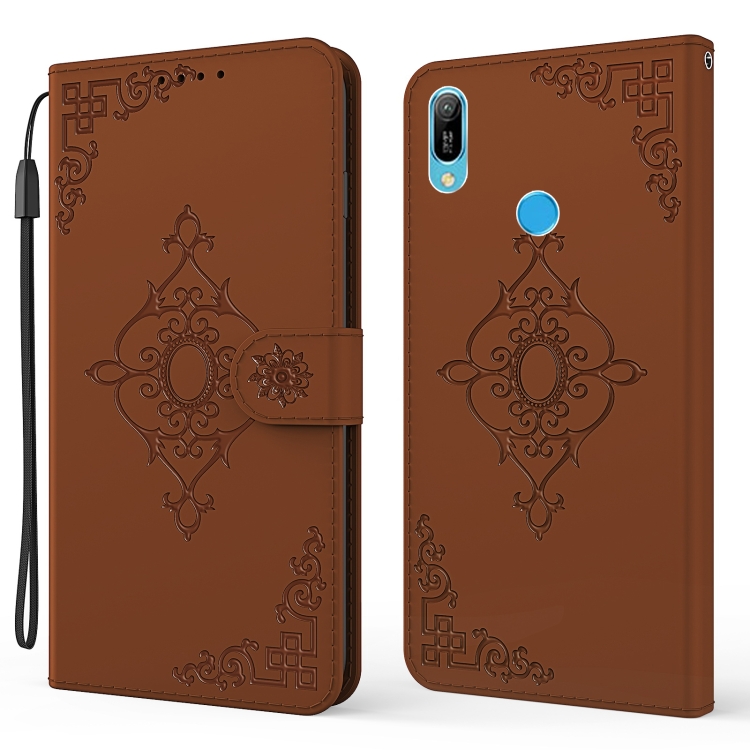 

For Huawei Y6 (2019) Embossed Fortune Flower Pattern Horizontal Flip Leather Case with Holder & Card Slot & Wallet & Lanyard(Brown)