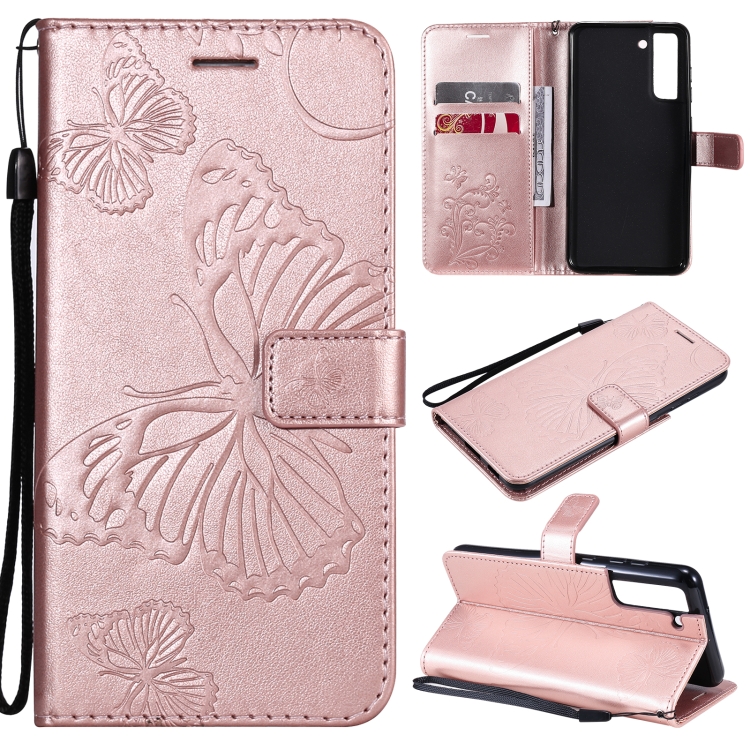 

For Samsung Galaxy S21 FE Pressed Printing Butterfly Pattern Horizontal Flip PU Leather Case with Holder & Card Slots & Wallet & Lanyard(Rose Gold)
