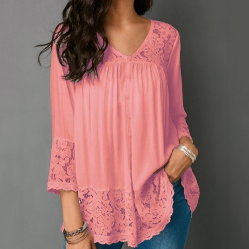 

Lace Stitching Shirt V-neck Cropped Sleeve T-shirt, Size:S(Pink)