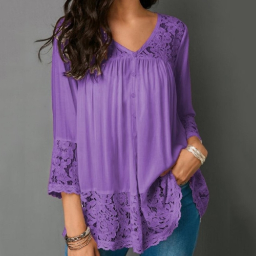 

Lace Stitching Shirt V-neck Cropped Sleeve T-shirt, Size:M(Purple)