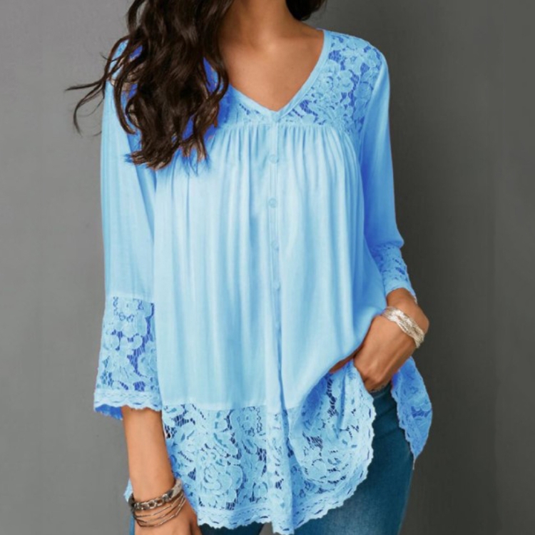 

Lace Stitching Shirt V-neck Cropped Sleeve T-shirt, Size:XL(Light Blue)