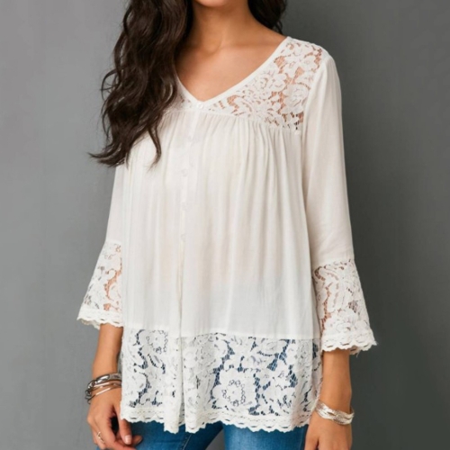 

Lace Stitching Shirt V-neck Cropped Sleeve T-shirt, Size:2XL(White)