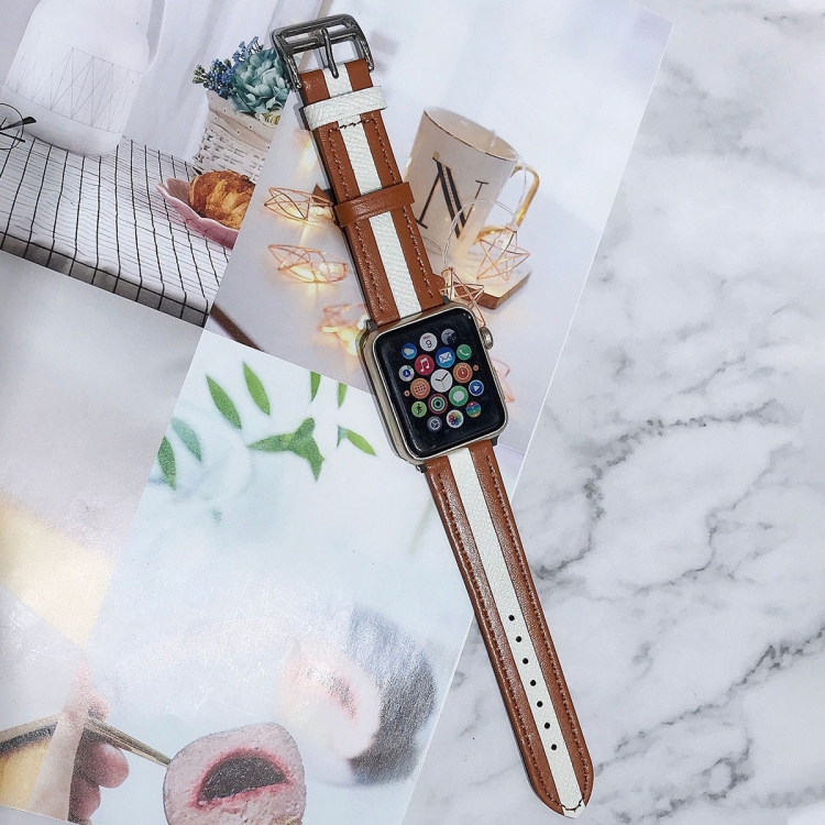 

Two-color Stitching Lychee Texture Leather Replacement Strap Watchband For Apple Watch Series 6 & SE & 5 & 4 40mm / 3 & 2 & 1 38mm(Brown White)