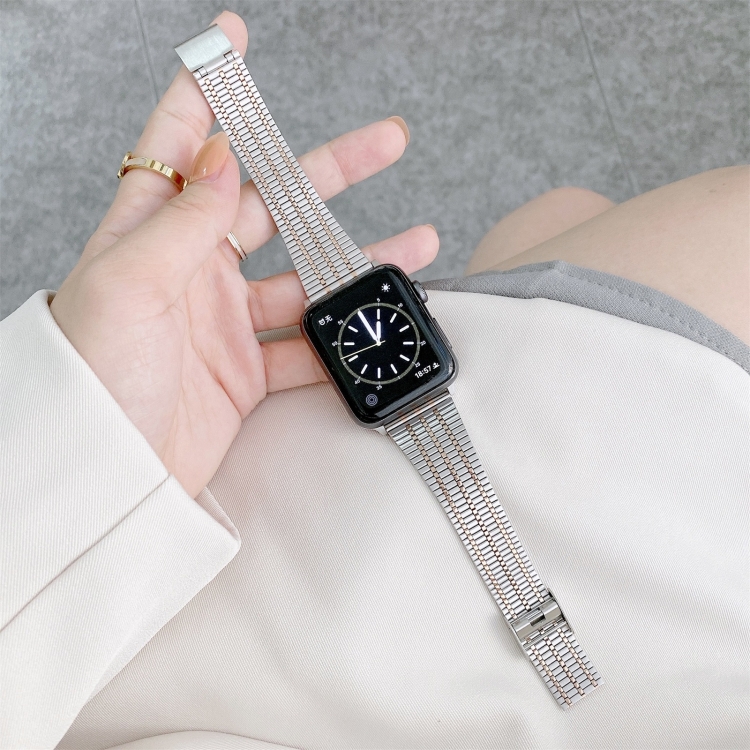 

Color Matching Seven Beads Steel Replacement Strap Watchband For Apple Watch Series 6 & SE & 5 & 4 40mm / 3 & 2 & 1 38mm(Silver Rose Gold)