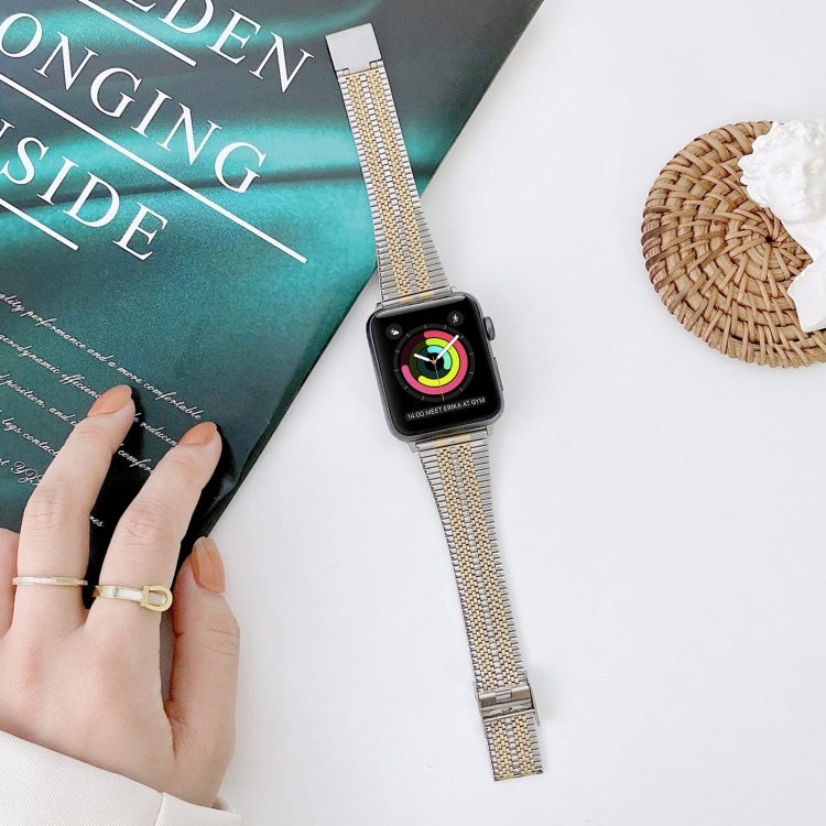 

Double Lines Steel Replacement Strap Watchband For Apple Watch Series 6 & SE & 5 & 4 40mm / 3 & 2 & 1 38mm(Silver Gold)