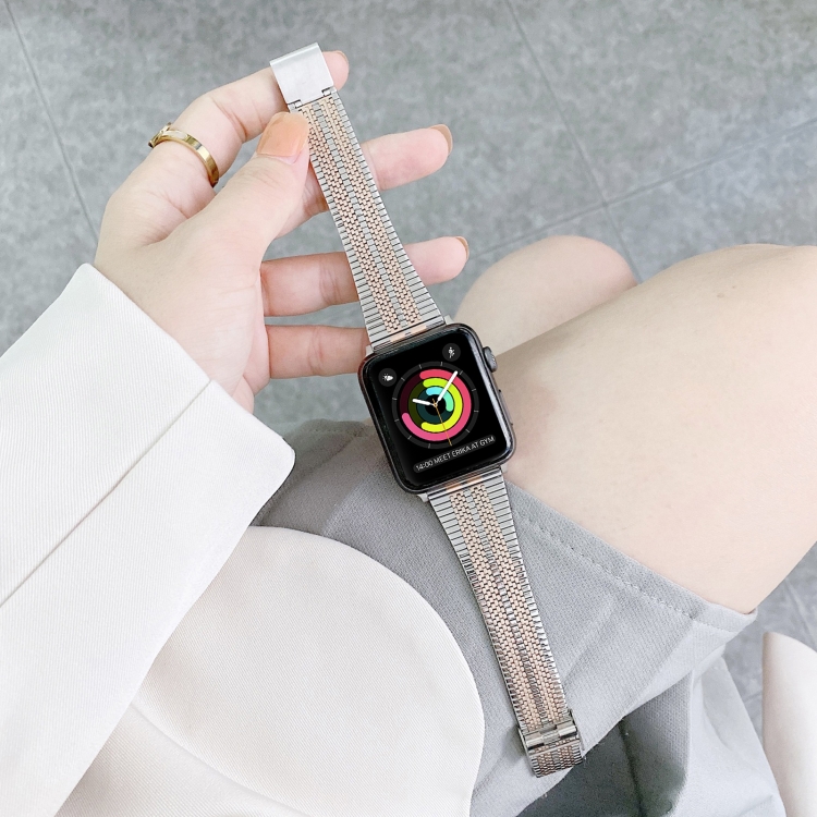 

Double Lines Steel Replacement Strap Watchband For Apple Watch Series 6 & SE & 5 & 4 44mm / 3 & 2 & 1 42mm(Silver Rose Gold)