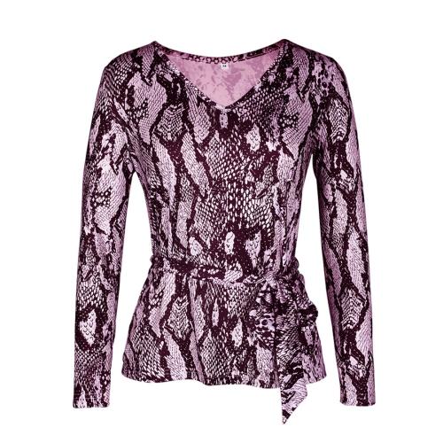 

Women V-neck Long-sleeved Shirt Serpentine Pattern T-shirt, Size:2XL(Purple)