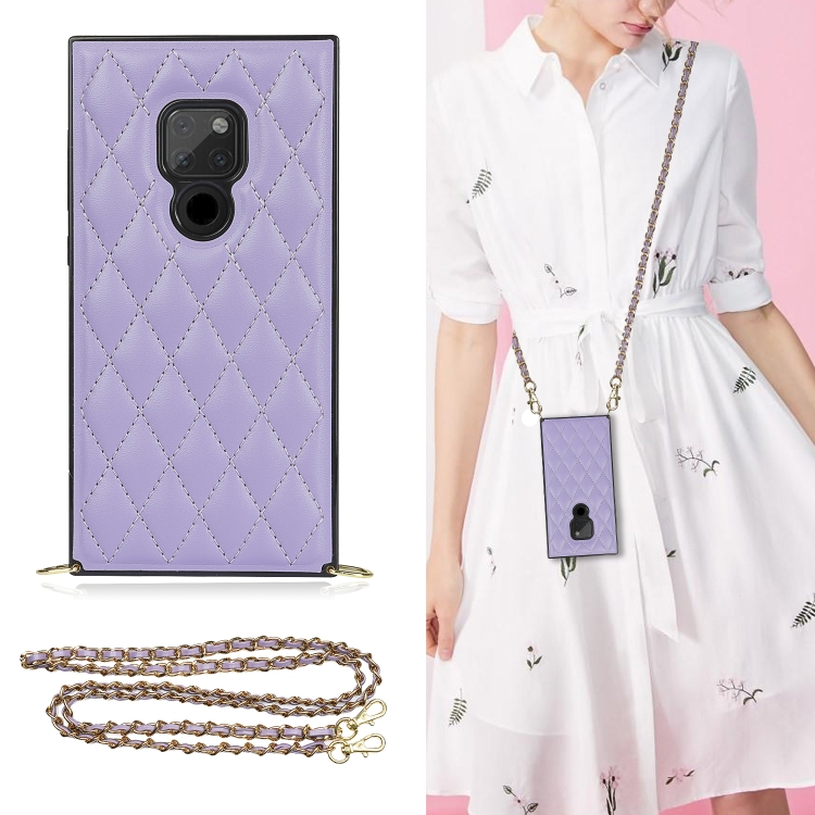 

For Huawei Mate 20 Elegant Rhombic Pattern Microfiber Leather +TPU Shockproof Case with Crossbody Strap Chain(Purple)