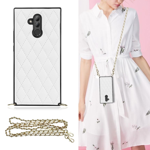 

For Huawei Mate 20 Lite Elegant Rhombic Pattern Microfiber Leather +TPU Shockproof Case with Crossbody Strap Chain(White)