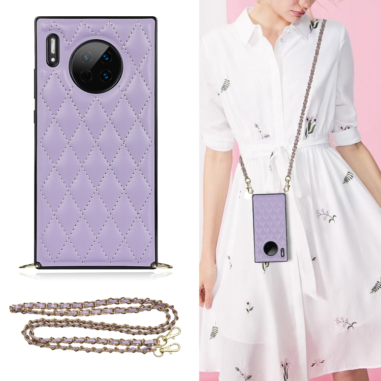 

For Huawei Mate 30 Elegant Rhombic Pattern Microfiber Leather +TPU Shockproof Case with Crossbody Strap Chain(Purple)