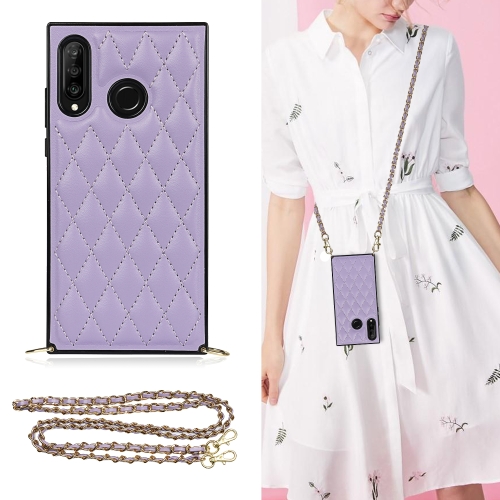 

For Huawei P30 Lite Elegant Rhombic Pattern Microfiber Leather +TPU Shockproof Case with Crossbody Strap Chain(Purple)