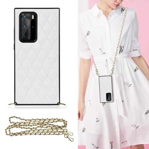 

For Huawei P40 Pro Elegant Rhombic Pattern Microfiber Leather +TPU Shockproof Case with Crossbody Strap Chain(White)