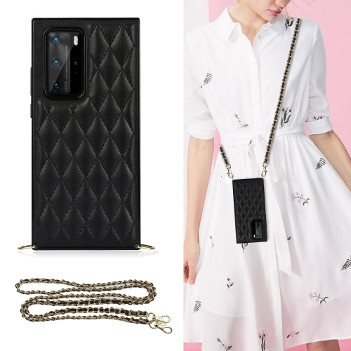 

For Huawei P40 Pro Elegant Rhombic Pattern Microfiber Leather +TPU Shockproof Case with Crossbody Strap Chain(Black)