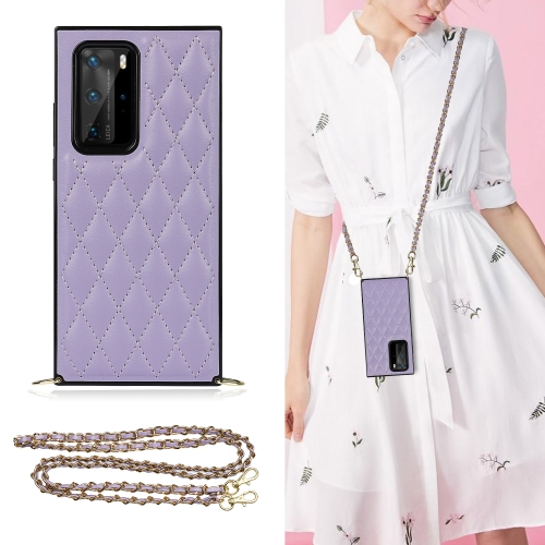 

For Huawei P40 Pro Elegant Rhombic Pattern Microfiber Leather +TPU Shockproof Case with Crossbody Strap Chain(Purple)