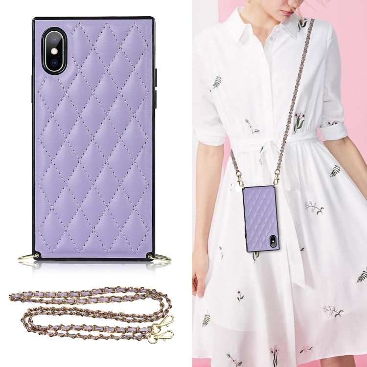 

Elegant Rhombic Pattern Microfiber Leather +TPU Shockproof Case with Crossbody Strap Chain For iPhone X / XS(Purple)