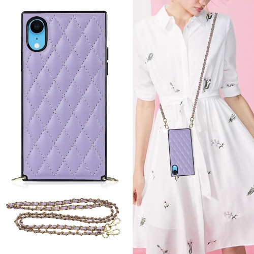 

Elegant Rhombic Pattern Microfiber Leather +TPU Shockproof Case with Crossbody Strap Chain For iPhone XR(Purple)