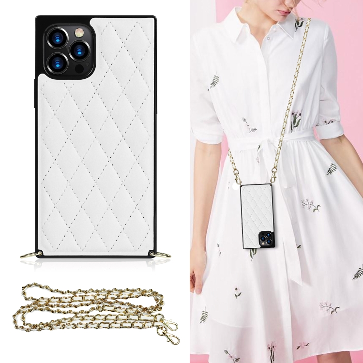 

Elegant Rhombic Pattern Microfiber Leather +TPU Shockproof Case with Crossbody Strap Chain For iPhone 12 / 12 Pro(White)