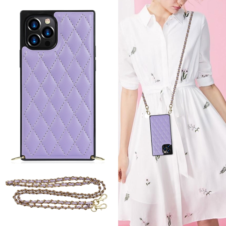 

Elegant Rhombic Pattern Microfiber Leather +TPU Shockproof Case with Crossbody Strap Chain For iPhone 12 / 12 Pro(Purple)