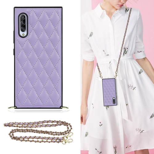 

For Samsung Galaxy A90 5G Elegant Rhombic Pattern Microfiber Leather +TPU Shockproof Case with Crossbody Strap Chain(Purple)