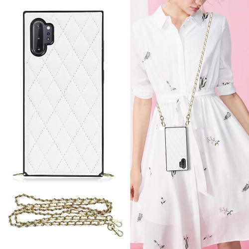 

For Samsung Galaxy Note10+ Elegant Rhombic Pattern Microfiber Leather +TPU Shockproof Case with Crossbody Strap Chain(White)