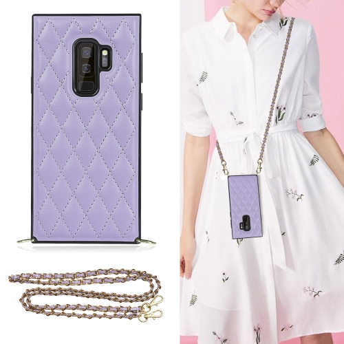 

For Samsung Galaxy S9+ Elegant Rhombic Pattern Microfiber Leather +TPU Shockproof Case with Crossbody Strap Chain(Purple)