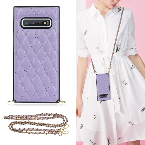 

For Samsung Galaxy S10 Elegant Rhombic Pattern Microfiber Leather +TPU Shockproof Case with Crossbody Strap Chain(Purple)