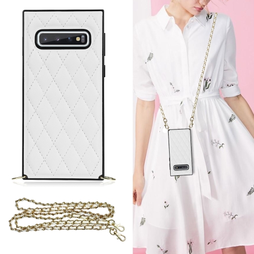 

For Samsung Galaxy S10+ Elegant Rhombic Pattern Microfiber Leather +TPU Shockproof Case with Crossbody Strap Chain(White)