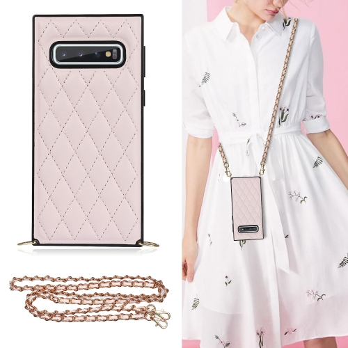 

For Samsung Galaxy S10+ Elegant Rhombic Pattern Microfiber Leather +TPU Shockproof Case with Crossbody Strap Chain(Pink)