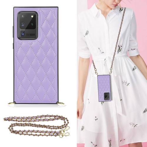 

For Samsung Galaxy S20 Ultra Elegant Rhombic Pattern Microfiber Leather +TPU Shockproof Case with Crossbody Strap Chain(Purple)