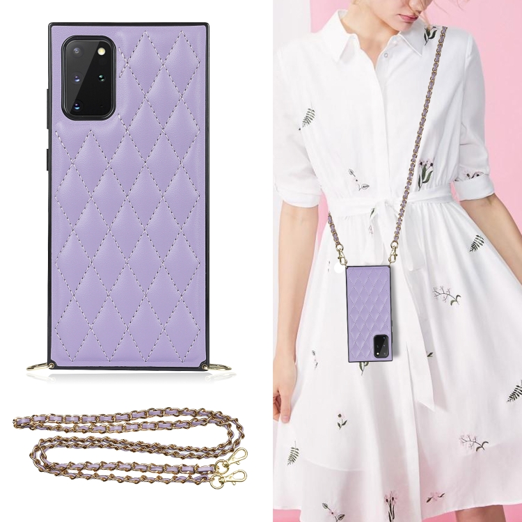 

For Samsung Galaxy S20+ Elegant Rhombic Pattern Microfiber Leather +TPU Shockproof Case with Crossbody Strap Chain(Purple)