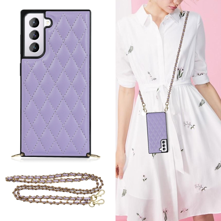 

For Samsung Galaxy S21 5G Elegant Rhombic Pattern Microfiber Leather +TPU Shockproof Case with Crossbody Strap Chain(Purple)