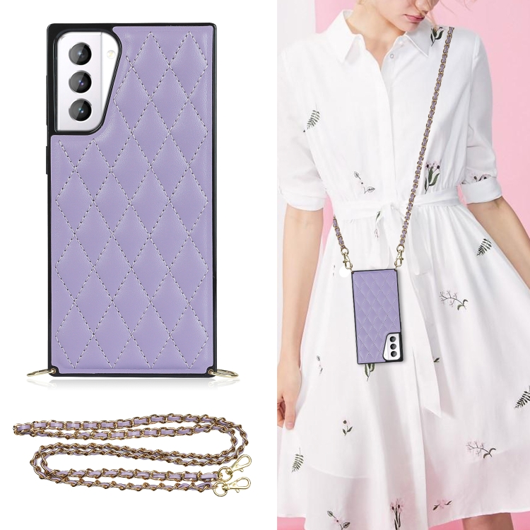 

For Samsung Galaxy S21+ 5G Elegant Rhombic Pattern Microfiber Leather +TPU Shockproof Case with Crossbody Strap Chain(Purple)