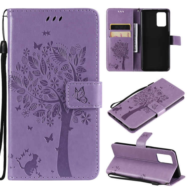 

For OPPO F19 / A74 4G Tree & Cat Pattern Pressed Printing Horizontal Flip PU Leather Case with Holder & Card Slots & Wallet & Lanyard(Light Purple)
