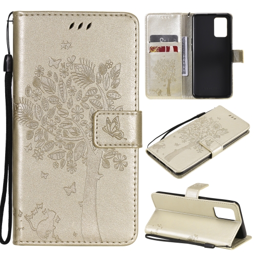 

For OPPO F19 / A74 4G Tree & Cat Pattern Pressed Printing Horizontal Flip PU Leather Case with Holder & Card Slots & Wallet & Lanyard(Gold)