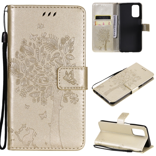 

For OPPO A93 5G / A74 5G Tree & Cat Pattern Pressed Printing Horizontal Flip PU Leather Case with Holder & Card Slots & Wallet & Lanyard(Gold)