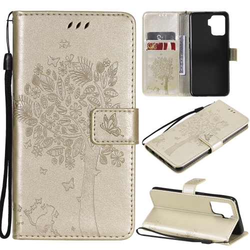 

For OPPO A94 4G / F19 Pro / Reno 5F Tree & Cat Pattern Pressed Printing Horizontal Flip PU Leather Case with Holder & Card Slots & Wallet & Lanyard(Gold)